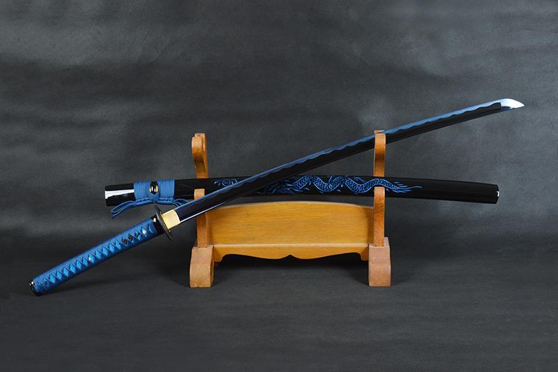 Ryū Carbon Steel Blue Blade Samurai Katana with Dragon Sheath