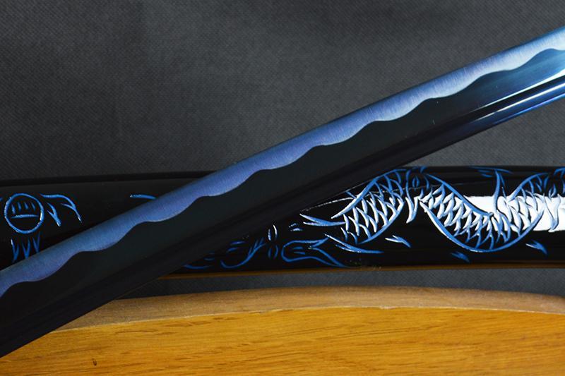 Ryū Carbon Steel Blue Blade Samurai Katana with Dragon Sheath