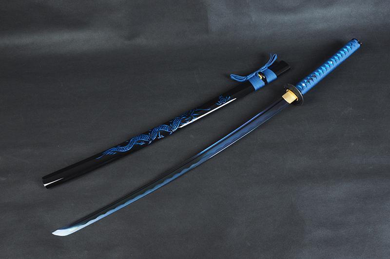 Ryū Carbon Steel Blue Blade Samurai Katana with Dragon Sheath